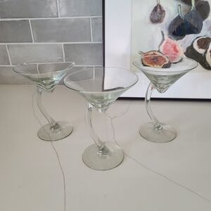 VTG Libbey Bravura Clear Swerve Martini Cocktail Glasses Set of 3 Curved Stem